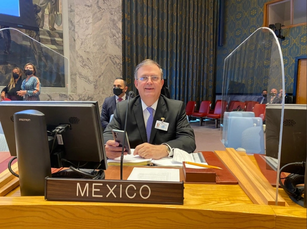 El canciller Marcelo Ebrard Casaubón reafirmó, ante el Consejo de Seguridad de la ONU, el compromiso de México para combatir el cambio climático, el 23 de septiembre de 2021. Foto tomada del Twitter de @m_ebrard