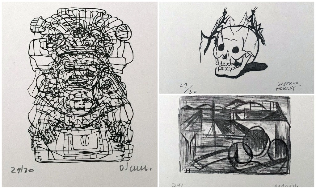De las 30 carpetas se venderán 25, cada una en 7 mil 500 pesos, muy por debajo del valor comercial de los artistas participantes. Aquí, grabados de Demián Flores, Gustavo Monroy y Gabriel Macotela, también incluido. Pueden adquirirse en la galería Acapulco 62 y en Maíz de Cacao Roma. Foto cortesía de la galería Acapulco 62 
