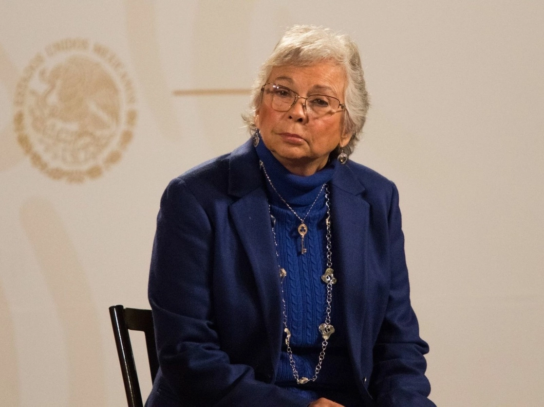 Olga Sánchez Cordero, secretaria de Gobernación, durante la conferencia matutina de hoy en Palacio Nacional. Foto Cuartoscuro