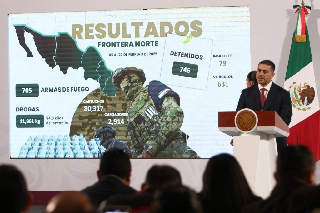 El titular de la SSPC, Omar García Harfuch, durante la conferencia presidencial de este martes 25 de febrero. Foto Cuartoscuro 