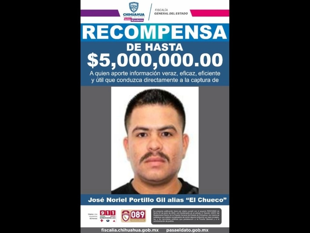 La Ficha de búsqueda y recompensa que publicó en junio de 2022 la FGE de Chihuahua, en la que ofrecía una recompensa de cinco millones de pesos a quien otorgara información que condujera a la captura de José Noriel Portillo Gil. Imagen tomada de www.facebook.com/fiscaliachihuahua