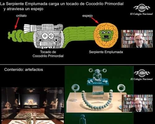 Capturas de pantalla de la plática Universos en miniatura: excavaciones en las entrañas de la pirámide de la Luna, donde López Luján aborda la cosmogonía teotihuacana. 