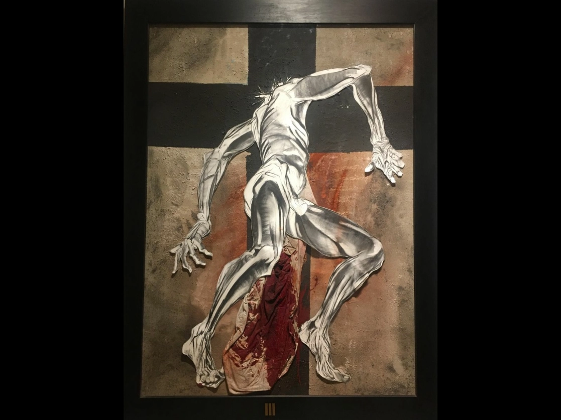 La exposición Daniel Hourdé en México, inaugurada el pasado miércoles en el Museo de la Cancillería, incluye esculturas cadavéricas que obligan a mirarse en el espejo de la muerte y cuadros con escenas de la crucifixión, como la pieza de la imagen. Foto Alondra Flores