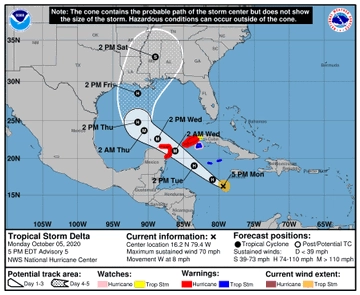 Trayectoria del huracán 'Delta'. Imagen tomada de la cuenta de Twitter @ProtCivil_QRoo
