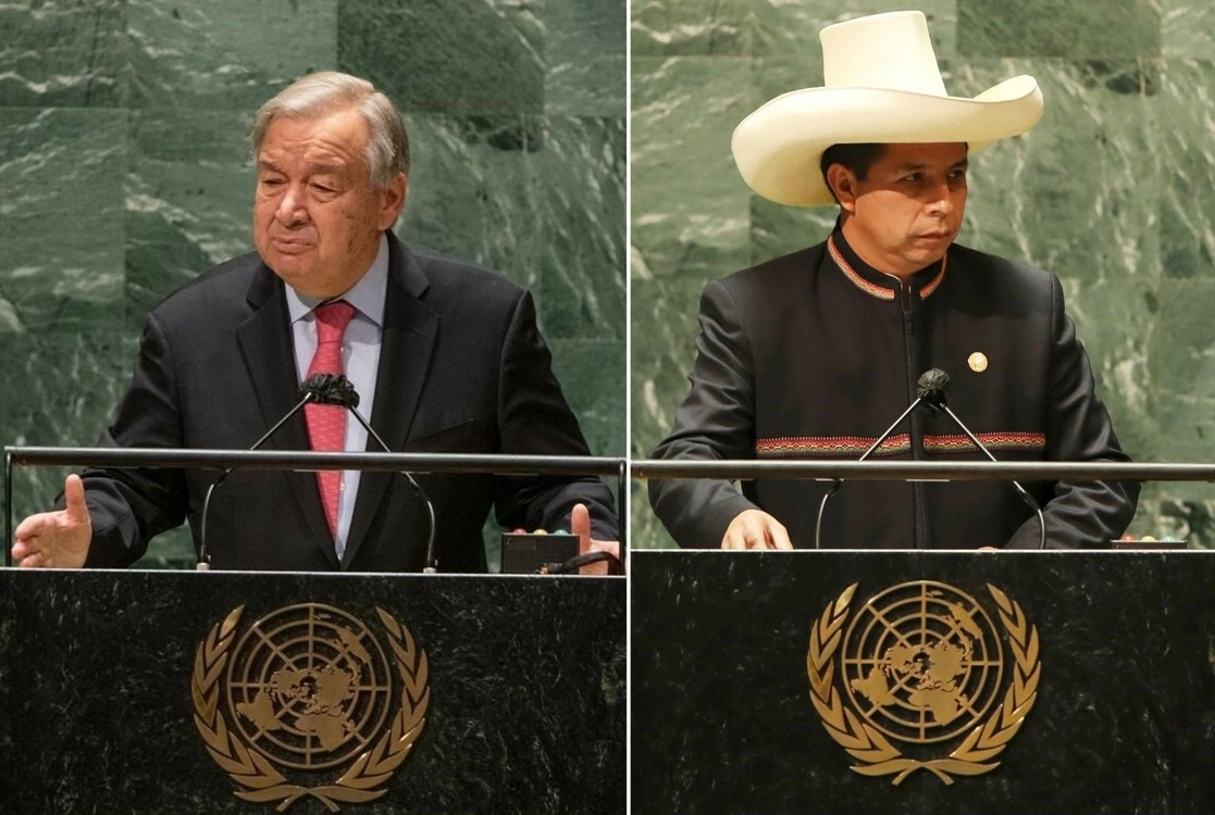 Antonio Guterres, secretario general de la ONU, ayer en la Asamblea General del organismo. A la derecha, el presidente de Perú, Pedro Castillo. Foto Europa Press y Ap