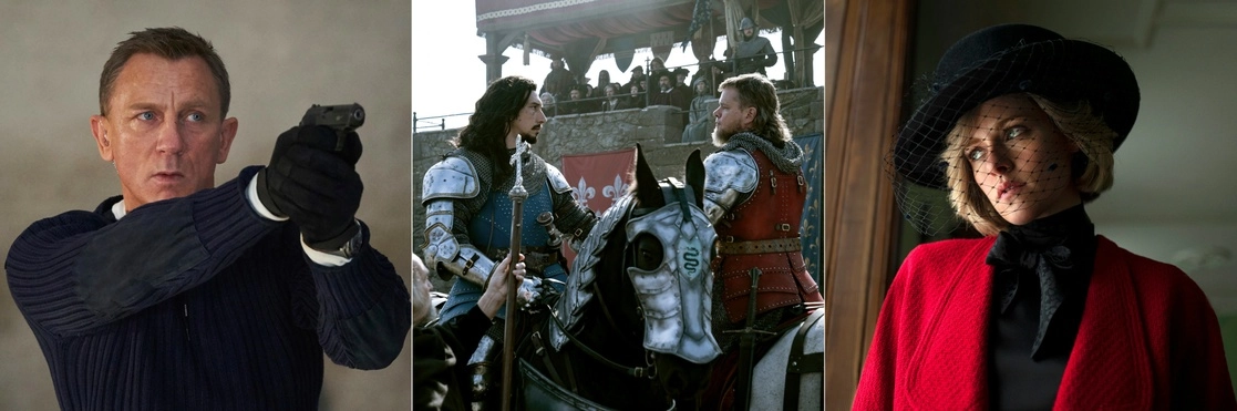 Combinación de imágenes, de izquierda a derecha, Daniel Craig en una escena de la cinta Sin tiempo para morir; Adam Driver y Matt Damon, en El último duelo, y Kristen Stewart, en Spencer. Foto Ap

