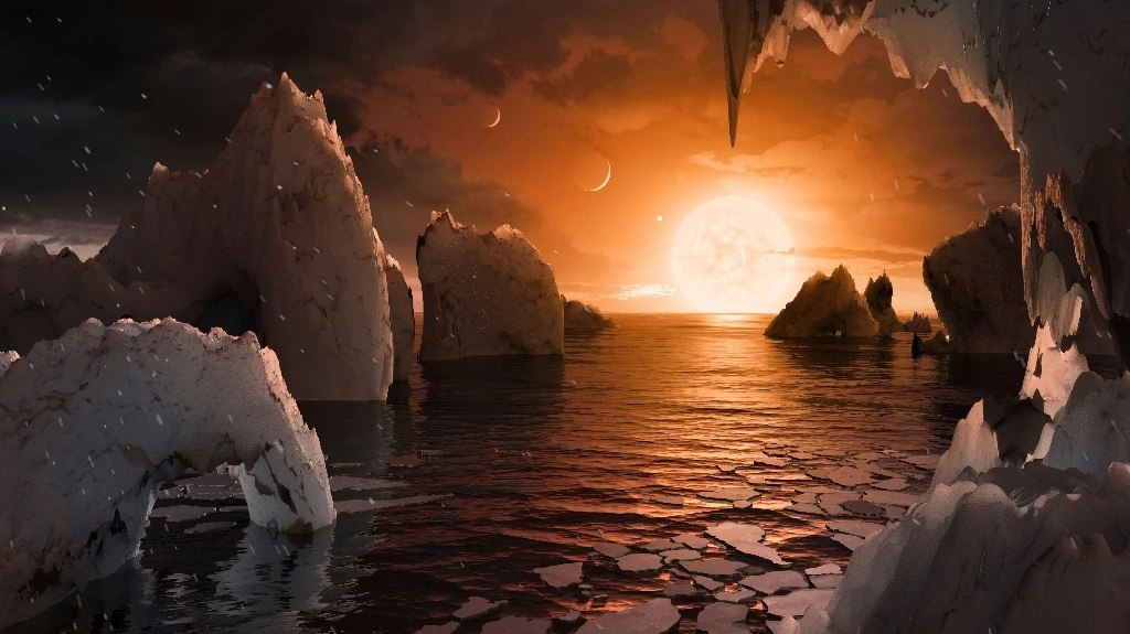 Esta imagen proporcionada por la NASA/JPL-Caltech, muestra la concepción de un artista de cómo podría verse la superficie del exoplaneta TRAPPIST-1f, según los datos disponibles sobre su diámetro, masa y distancias de la estrella anfitriona. Foto NASA/JPL-Caltech vía Ap 