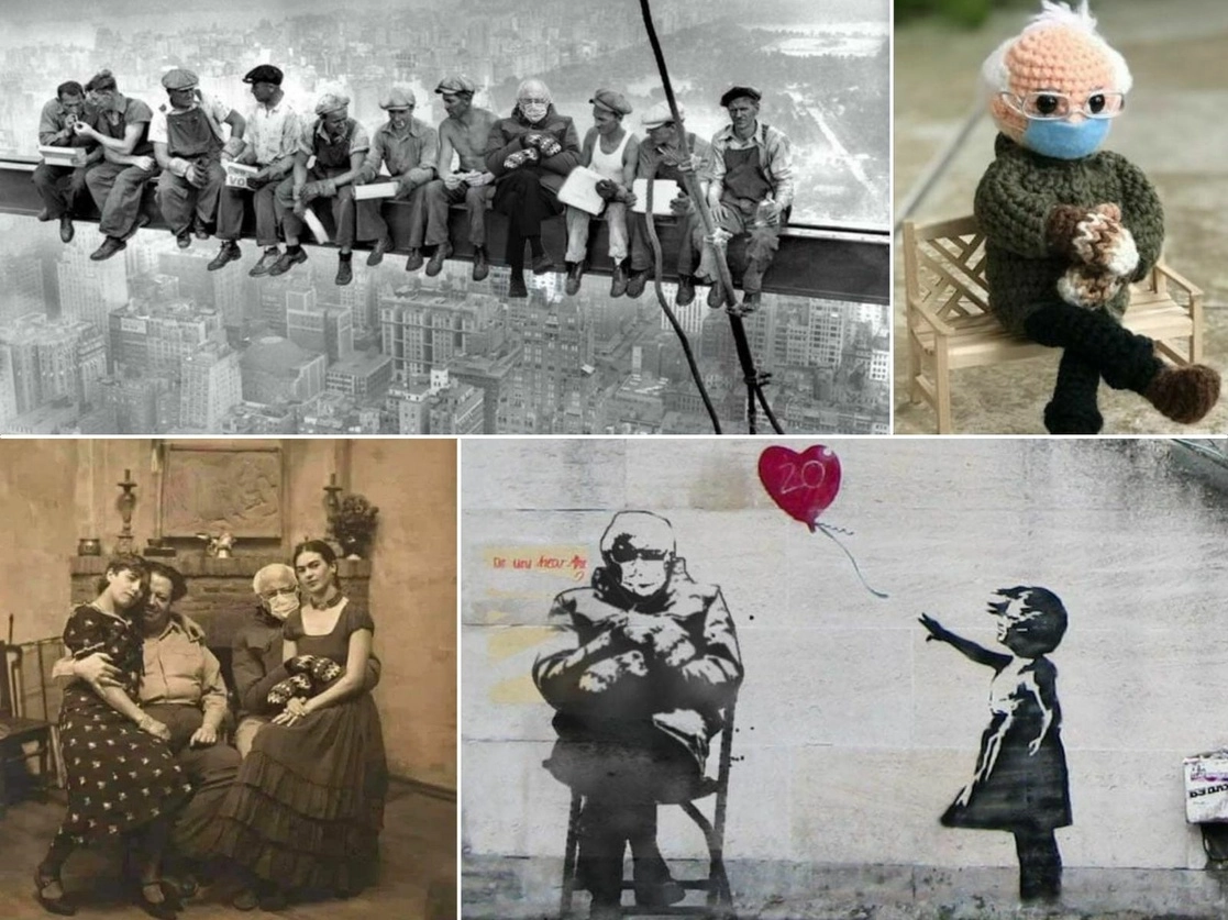 Entre las intervenciones artísticas y obras creadas con la imagen de Bernie Sanders, la tejida por Tobey King se vendió en 20 mil 300 dólares. Foto tomadas de Twitter