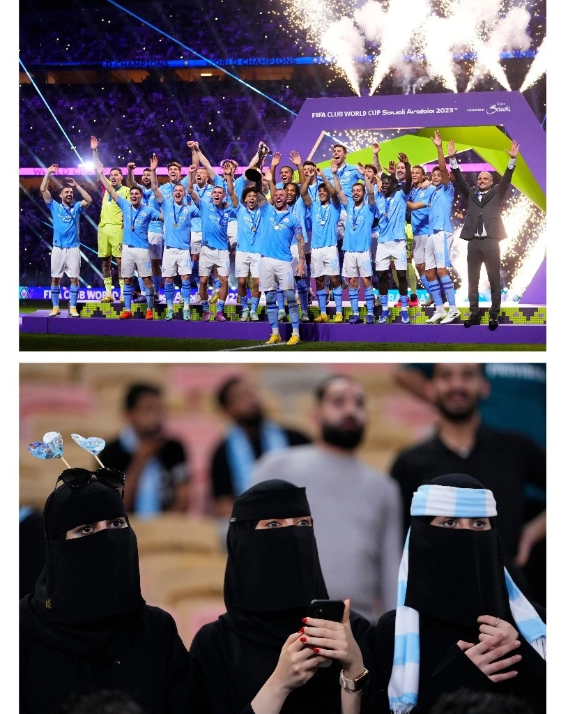 La expectación por ver a los 'Citizens' en el estadio King Abullah Sports City era tanta, que congregó a grupos de mujeres árabes, con el rostro cubierto y bufandas blanquicelestes, quienes observaron la victoria del conjunto inglés sobre el Fluminense. Foto Ap