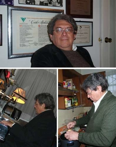 Carlos Montemayor en 2008; en la parte inferior, al piano en 2009, también en su domicilio. Foto cortesía de Victoria Montemayor Galicia 