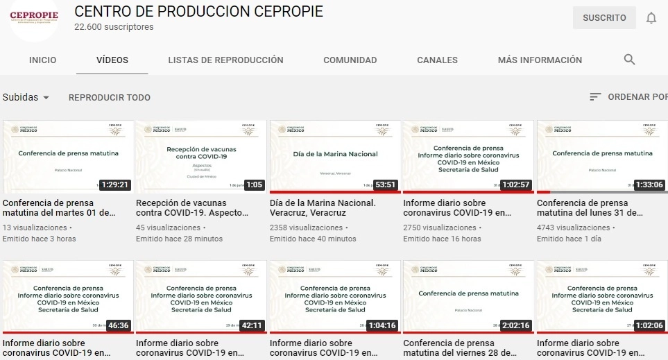 Relación de los videos de las conferencias matutinas presidencias. Imagen tomada desde el canal de YouTube de Cepropie