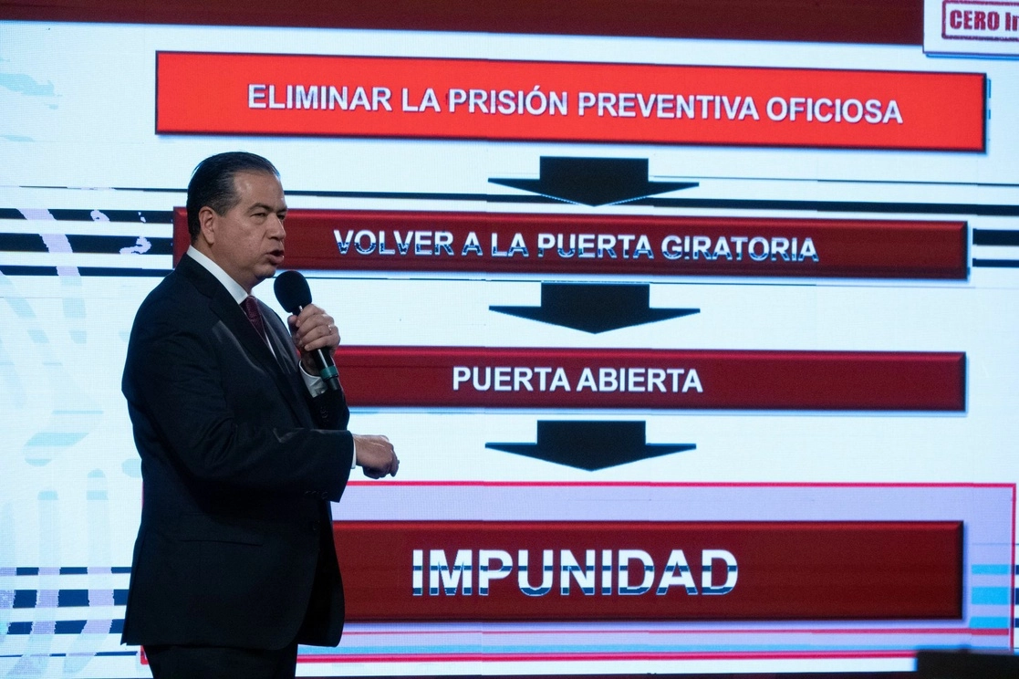 El subsecretario de Seguridad, Ricardo Mejía Berdeja, explica la importancia en la figura de Prisión Preventiva Oficiosa durante la conferencia matutina en Palacio Nacional, el 2 de septiembre de 2022. Foto Cuartoscuro 
