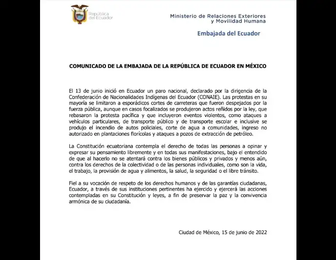 Comunicado de la embajada de Ecuador en México sobre la violencia registrada en las jornadas del paro nacional. Foto Cortesía Embajada de Ecuador en México