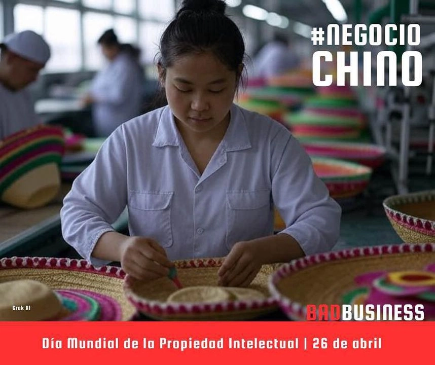El mensaje fue acompañado de una imagen hecha con la inteligencia artificial Grok en la que aparece una mujer en una fábrica en la que se confeccionan sombreros con motivos típicos de México. En el cartel se leen los mensajes “#NegocioChino” y “BadBusiness”. Imagen tomada de 