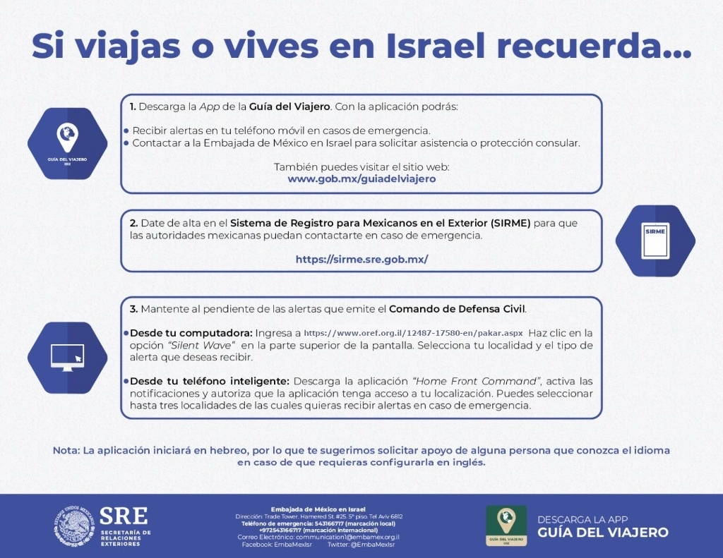 La embajada de México en Israel emitió recomendaciones ante las crecida de tensiones entre israelíes y Hamas. Foto Tomada de X @EmbaMexIsr