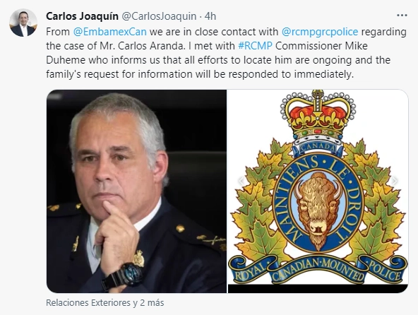 Mensaje publicado en Twitter por el embajador de México en Canadá sobre el caso de Carlos Aranda 