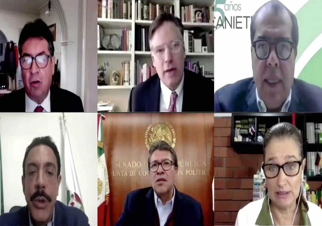 El embajador de EU en México, Christopher Landau -centro superior- participó en el foro “México 5G. Innovación y bienestar para todos” organizado por el Senado. Al centro inferior, el presidente de la Jucopo, Ricardo Monreal. Imagen tomada del Twitter de @senadomexicano