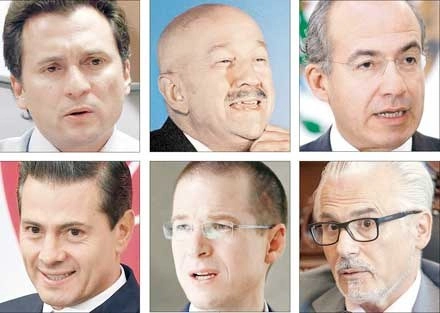En el orden acostumbrado: Emilio Lozoya Austin; los ex presidentes Carlos Salinas de Gortari, Felipe Calderón y Enrique Peña Nieto; el ex candidato presidencial panista Ricardo Anaya, y Baltasar Garzón, ex juez y abogado del imputado. Fotos La Jornada, Afp y Cuartoscuro