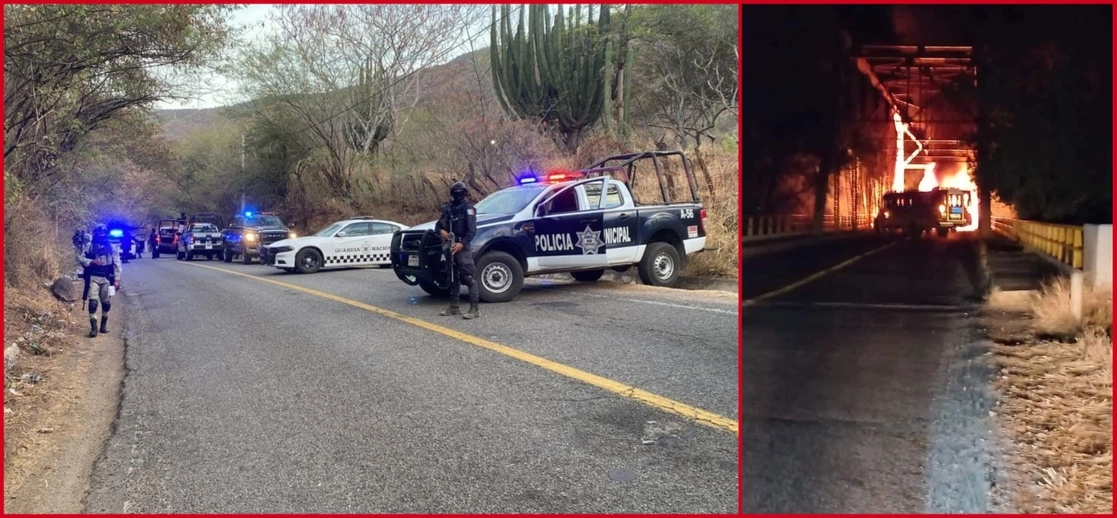 Elementos de la Guardia Nacional que vigilaban el tramo carretero Autlán-Unión de Tula, en Jalisco, fueron atacados por un grupo armado. Además, la vía fue bloqueada en dos puntos diferentes con vehículos incendiados, el primero a la altura de El Grullo-Unión Tula, y el segundo en las proximidades de Puerta de Barro. Foto tomadas de las redes sociales