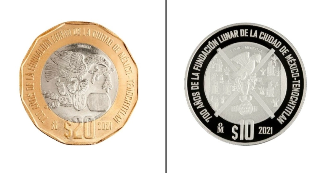 Monedas alusivas a los “700 años de la fundación lunar de la ciudad de México-Tenochtitlan". Imagen tomada del sitio de www.banxico.org.mx