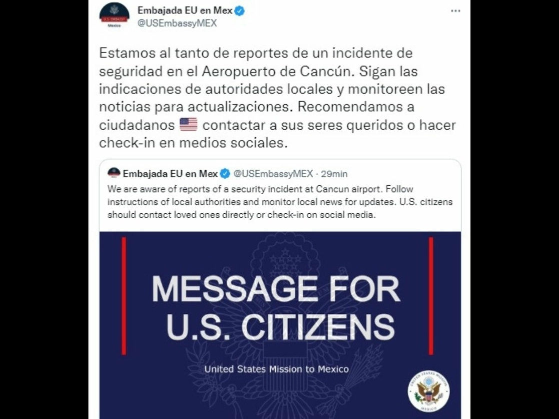 "Recomendamos a ciudadanos de Estados Unidos contactar a sus seres queridos o hacer check-in en medios sociales", recomendó la embajada estadunidense en México, el 28 de marzo de 2022. Imagen tomada del Twitter de @USEmbassyMEX