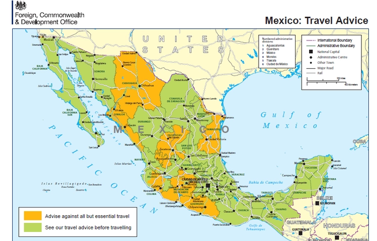 Mapa del territorio mexicano con los estados marcados por el gobierno inglés como inseguros para viajar. Imagen tomada del sitio https://linktr.ee/ukinmexico