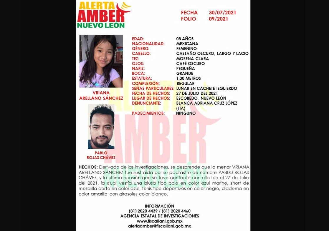Autoridades emitieron una Alerta Amber para localizar a una niña de ocho años, presuntamente secuestrada por su padrastro en el municipio de Escobedo. Foto cortesía Agencia Estatal de Investigaciones