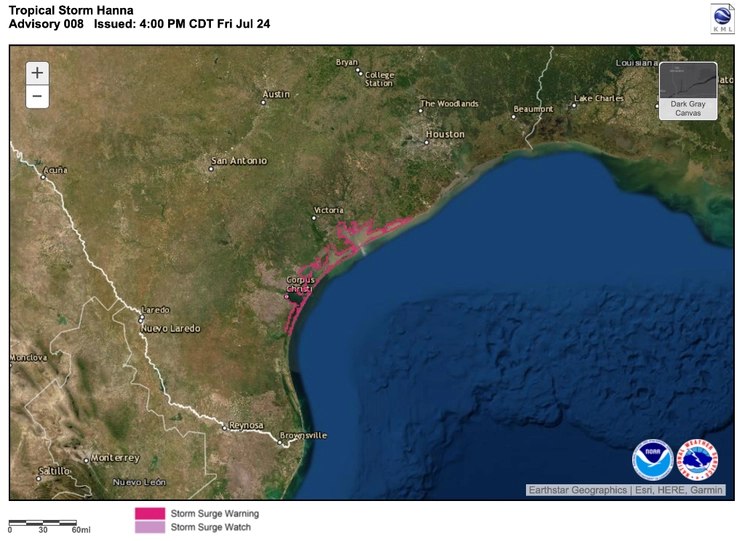 Se espera que la tormenta tropical ‘Hanna’ toque tierra en Corpus Christi, Texas, la tarde o noche del sábado. Foto Tomada del Twitter @NHC_Atlantic
