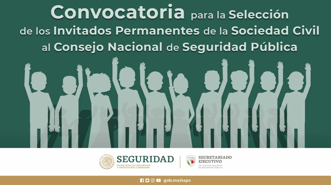 El Secretariado Ejecutivo del Sistema Nacional de Seguridad Pública emitió la convocatoria para la selección de los invitados permanentes de la sociedad civil al Consejo Nacional de Seguridad Pública. Imagen tomada del Twitter de @sesnsp