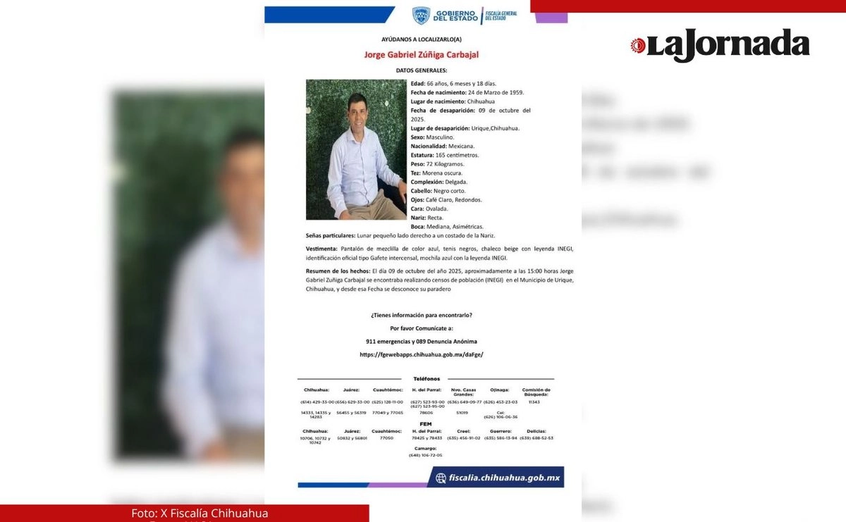 Jorge Gabriel Zúñiga Carbajal, es originario de la ciudad de Chihuahua, mide aproximadamente 1.65 metros de estatura, de complexión delgada, cabello negro y corto, de ojos café claro. Foto