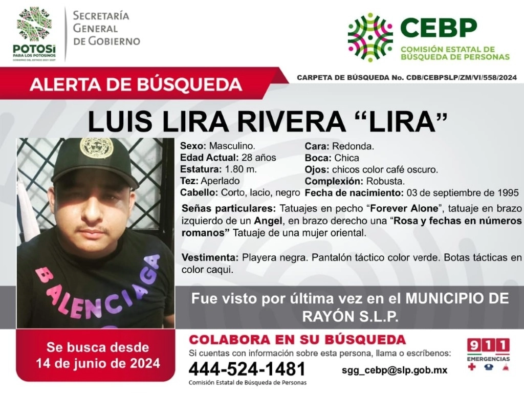 Luis Lira Rivera, era el encargado de la zona y al momento de su desaparición vestía playera negra, pantalón táctico color verde, botas tácticas en color caqui. Foto tomada de Facebook Comisión Estatal de Búsqueda de Personas de San Luis Potosí.