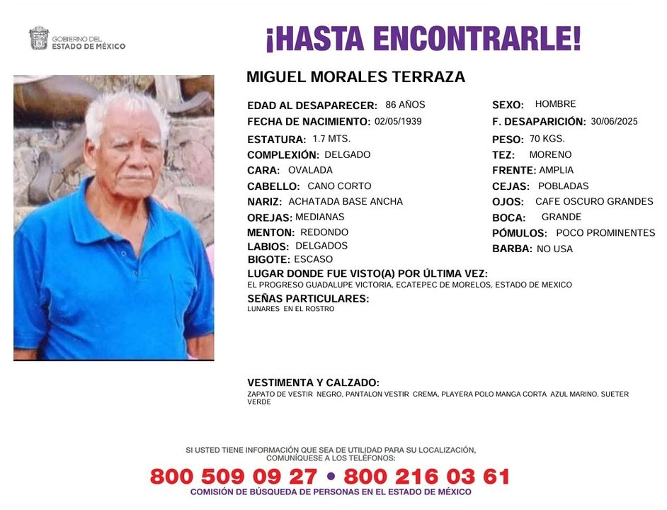 Ficha de búsqueda del  señor Miguel Morales Terraza, de edad avanzada y con diagnóstico de demencia senil.