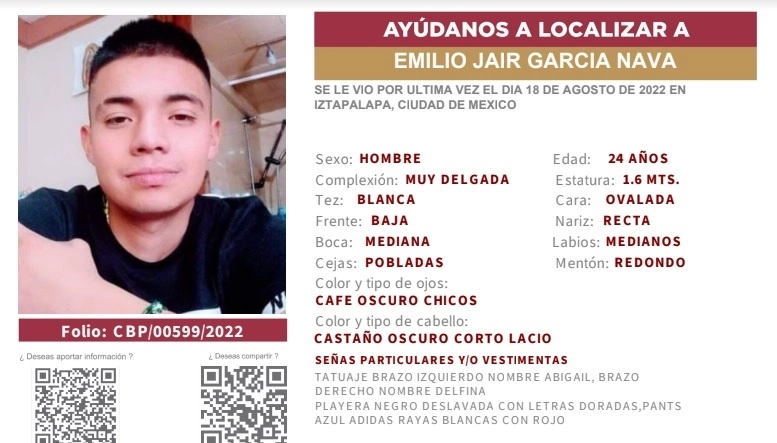 La Comisión Nacional de Búsqueda y Fipede emiten la ficha de localización para el joven Jair García Nava de 24 años de edad. Foto Comisión Nacional de Búsqueda