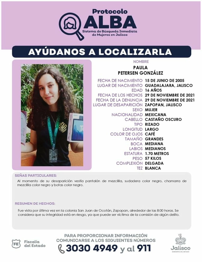 Ficha difundida por las autoridades por la desaparición de la joven. Foto @FiscaliaJal

