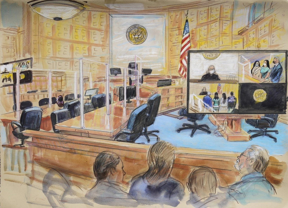 Recreación del tribunal en Washington donde fue procesada la esposa del capo mexicano. Emma Coronel aceptó que era culpable de narcotráfico, lavado de dinero y manejo de transacciones y negocios de su cónyuge, el 10 de junio de 2021. Foto Ap