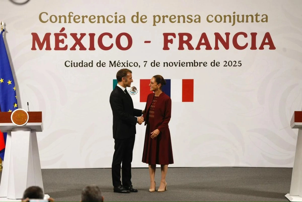 Conferencia de prensa de los presidentes de México y Francia, Claudia Sheinbaum y Emmanuel Macron, respectivamente, en el Salón Tesorería de Palacio Nacional, en la Ciudad de México, el 7 de noviembre de 2025. Foto

