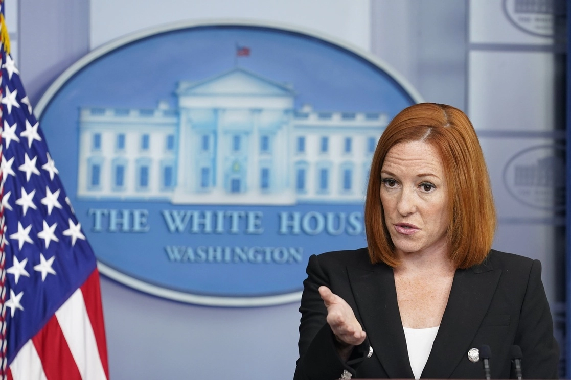Jen Psaki, vocera de la Casa Blanca, ayer durante la sesión informativa diaria en Washington. Foto Ap