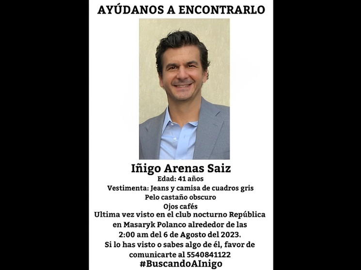 Iñigo Arenas fue reportado como desaparecido en la Ciudad de México el domingo al salir de otro establecimiento en Polanco. Foto tomada de facebook.com/lavozdepolanco