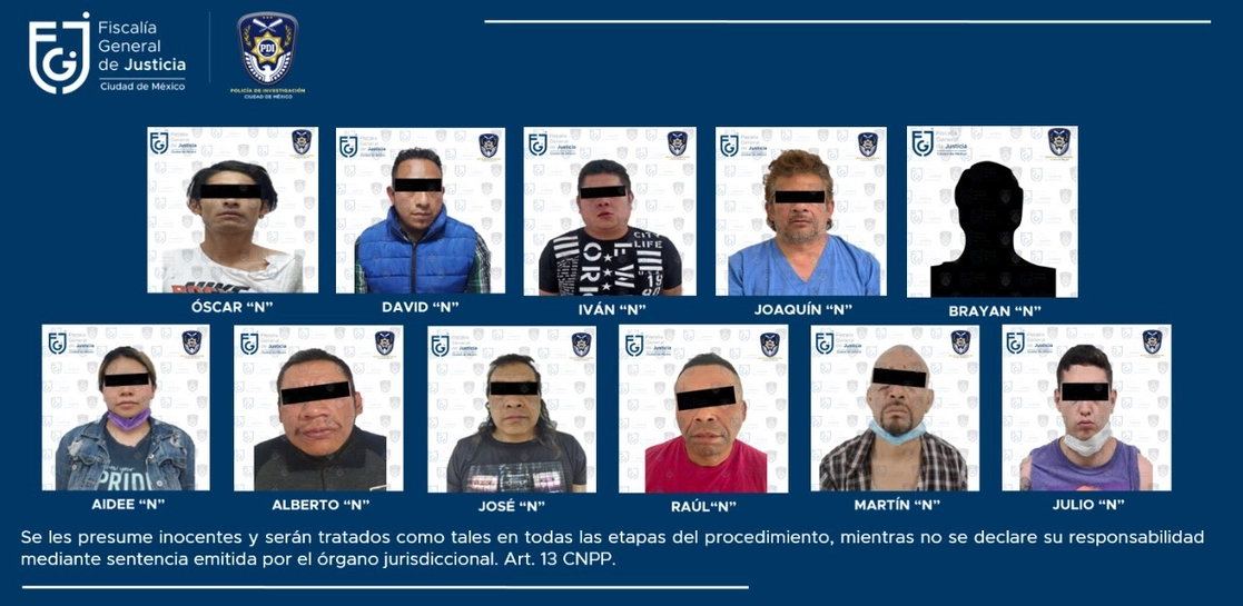 Las personas fueron detenidas en las alcaldías Iztapalapa, Cuauhtémoc, Tlalpan, Venustiano Carranza, Xochimilco y Gustavo A. Madero; así como uno al interior del Reclusorio Oriente y otro en el estado de Querétaro. Imagen FGJCDMX