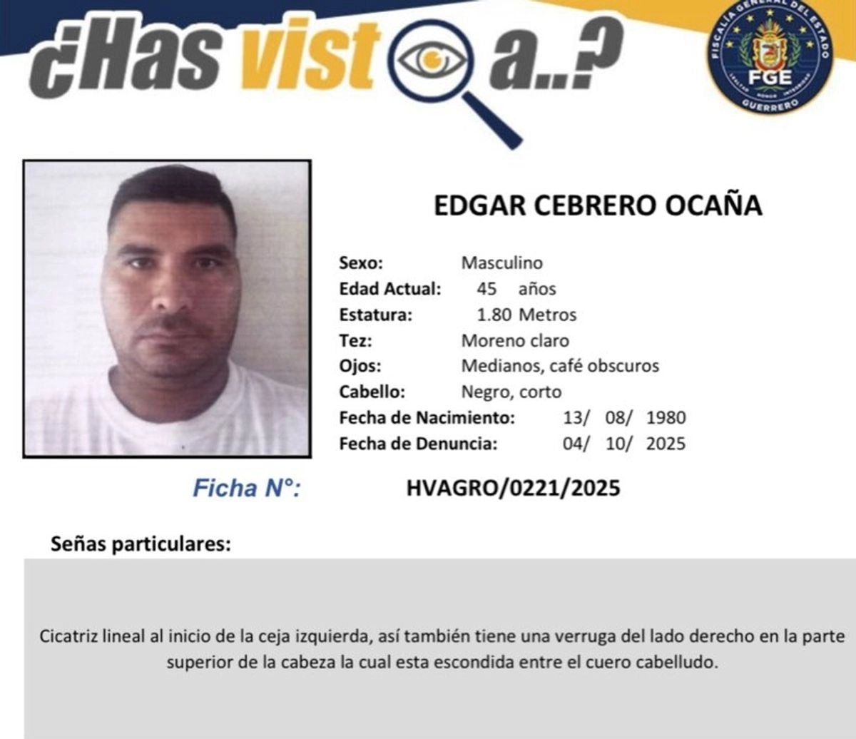Ficha de búsqueda de  Edgar Cebrero Ocaña, de 45 años de edad, originario de Acapucl quien se encuentra desaparecido desde el pasado 2 de octubre. Foto 