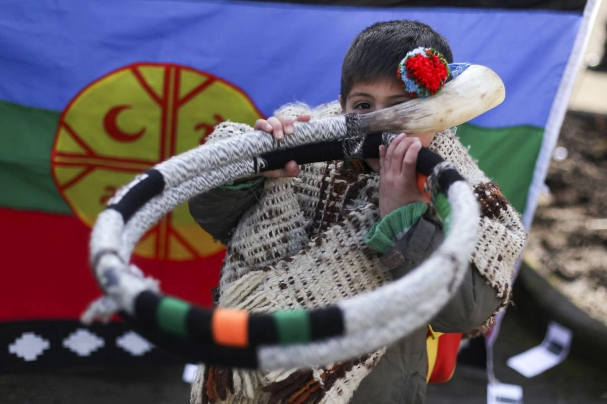 Niñó mapuche participa en una protesta contra la la Cumbre Alianza del Pacífico, en Puerto Varas, Chile. Foto 