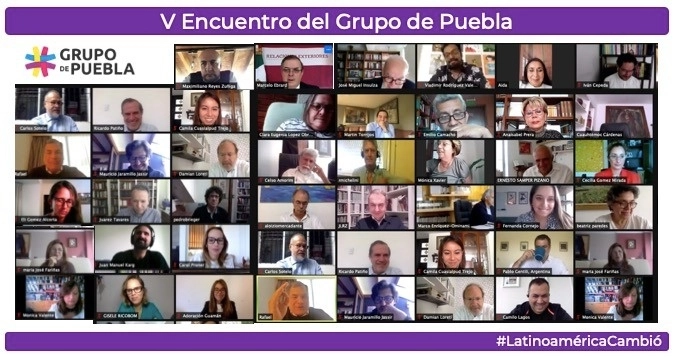 “La estrategia que México ha seguido por mandato de la Celac es promover el acceso universal, vacunas, tratamientos y medicinas” y por ello presentó ante la ONU una iniciativa en tal sentido que recibió 179 votos a favor, dijo el canciller durante el V Encuentro del Grupo Puebla, el 29 de enero de 2021. Imagen tomada del Twitter de @maximilianoreyz