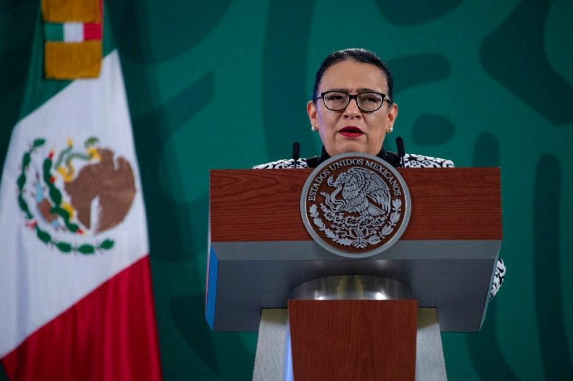La titular de la Secretaría de Seguridad, Rosa Icela Rodríguez, durante la conferencia presidencial de esta mañana. Foto Cuartoscuro