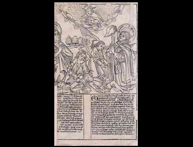 Los santos patronos de la plaga, Sebastián y Roque, arrodillados ante Dios; al lado hay un ángel, y en el suelo, tres mortales afectados por la peste. El texto en dos columnas es una oración a San Sebastián.Foto Harvard College Library
Digital Imaging Group, 2007
(Programa de Colecciones Abiertas)