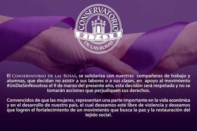 El Conservatorio de Las Rosas, en Morelia, Michoacán se ha sumado al paro nacional "Un día sin nosotras", el 9 de marzo. Foto @elconser
