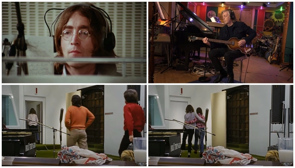 Arriba, John Lennon, al piano, y Paul McCartney, con el bajo. En las imágenes inferiores, los británicos al salir del estudio, en lo que son las escenas finales del documental del último tema del cuarteto de Liverpool. Foto tomados de la cinta