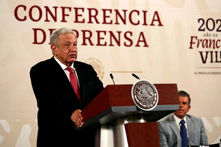El presidente de México, Andrés Manuel López Obrador, durante su conferencia matutina en Palacio Nacional, en la Ciudad de México, el 8 de mayo de 2023. Foto María Luisa Severiano