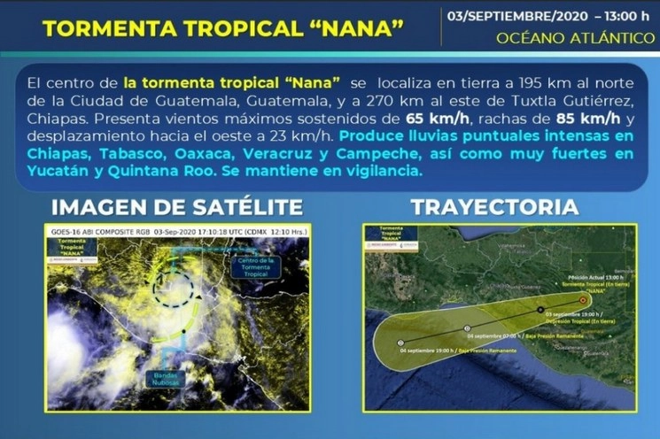 La Secretaría de Protección Civil informó que el fenómeno ubico su centro en tierra, aproximadamente a 270 kilómetros al este de Tuxtla Gutiérrez. Imagen tomada del Twitter de @pcivilchiapas