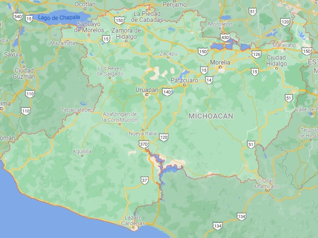 En solo cuatro días, 33 personas fueron ultimadas en Michoacán. Las regiones de Zamora-Jacona, Uruapan y Morelia, donde se acumuló el mayor número de víctimas. Imagen tomada de Google Maps