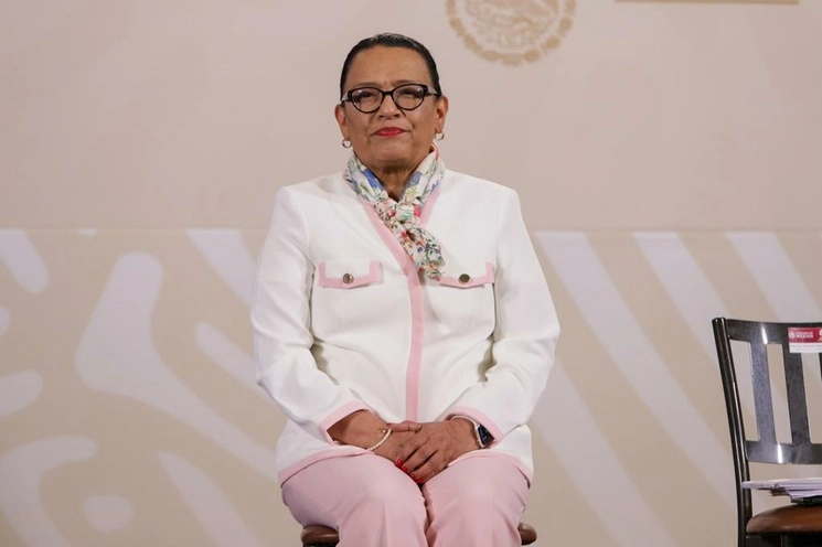 La secretaria de Seguridad y Protección Ciudadana, Rosa Icela Rodríguez, durante la conferencia presidencial matutina en Palacio Nacional, en la Ciudad de México, el 2 de mayo de 2023. Foto Pablo Ramos